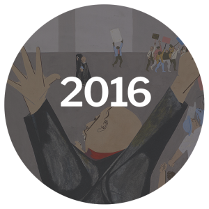 A colorful illustration depicting people protesting in a large space, with a prominent figure gesturing, labeled "2016."