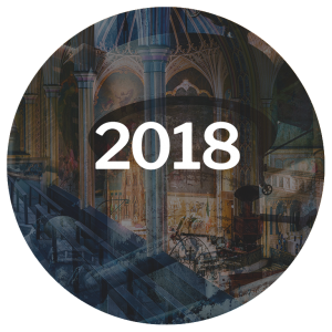 Alt text: "Artistic representation of a historical scene with the year '2018' prominently displayed in white."
