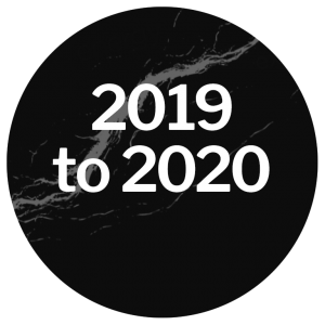Black circular graphic with the text "2019 to 2020" in bold white font, featuring a subtle marbled design in the background.