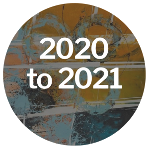 Abstract circular design featuring the years "2020" and "2021" in bold white text. Colorful background with textures.