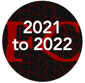 Circular graphic featuring a black background with a red grid pattern and bold text reading "2021 to 2022".