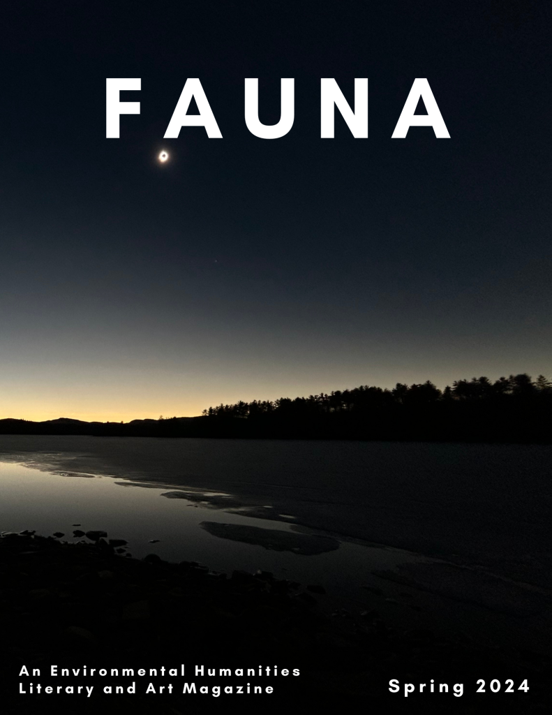 Cover of "Fauna" magazine featuring a dark sky with a crescent moon over a reflective body of water, spring 2024 edition.