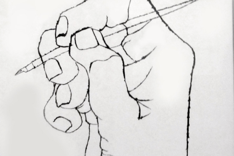 A black-and-white sketch of a hand gripping a pencil, poised to draw or write.