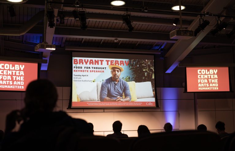 "Bryant Terry speaking at Colby Center for the Arts, promotional slide for Food for Thought event on April 4th."
